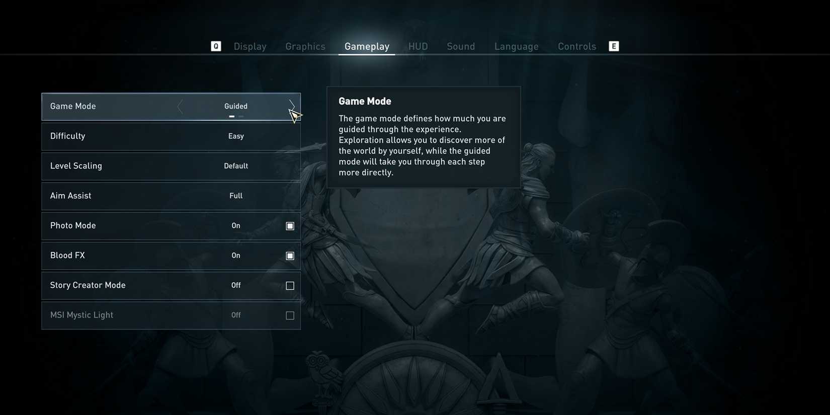 Setting menu in Assassin's Creed Odyssey showcasing Guided vs Exploration Mode
