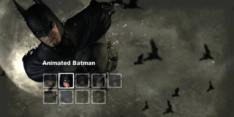Batman costume select screen in Batman: Arkham City