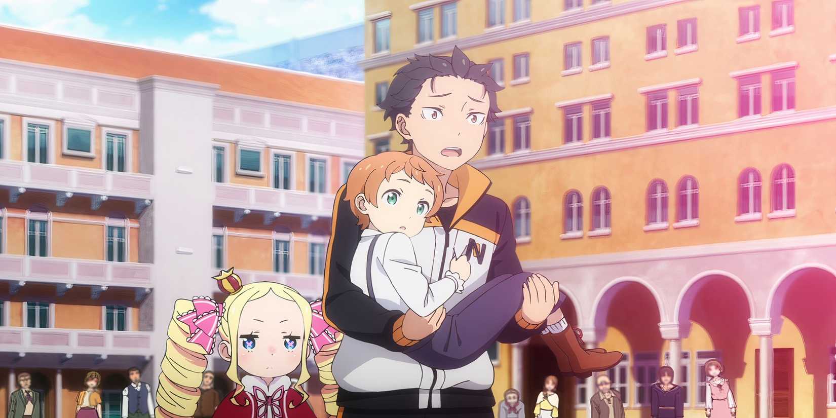 Beatrice and Subaru carrying Lusbel in Re:Zero