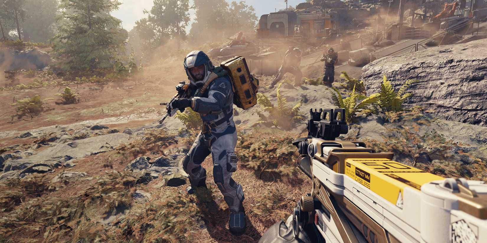 a character in starfield aiming a gun