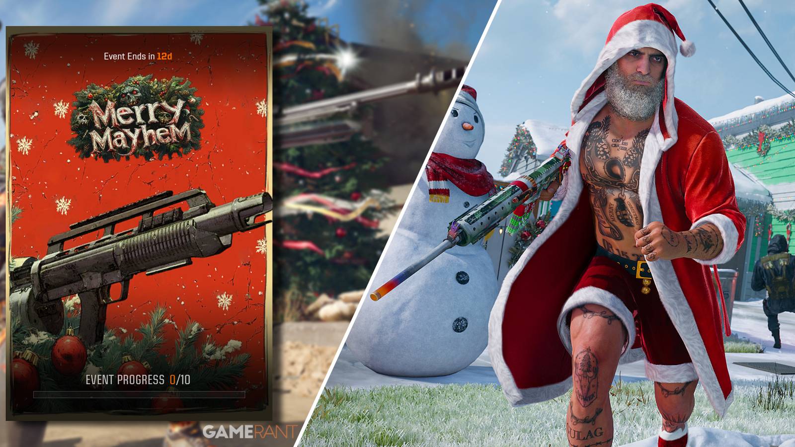Split-image showcasing the Merry Mayhem Event in Black Ops 6 and Warzone