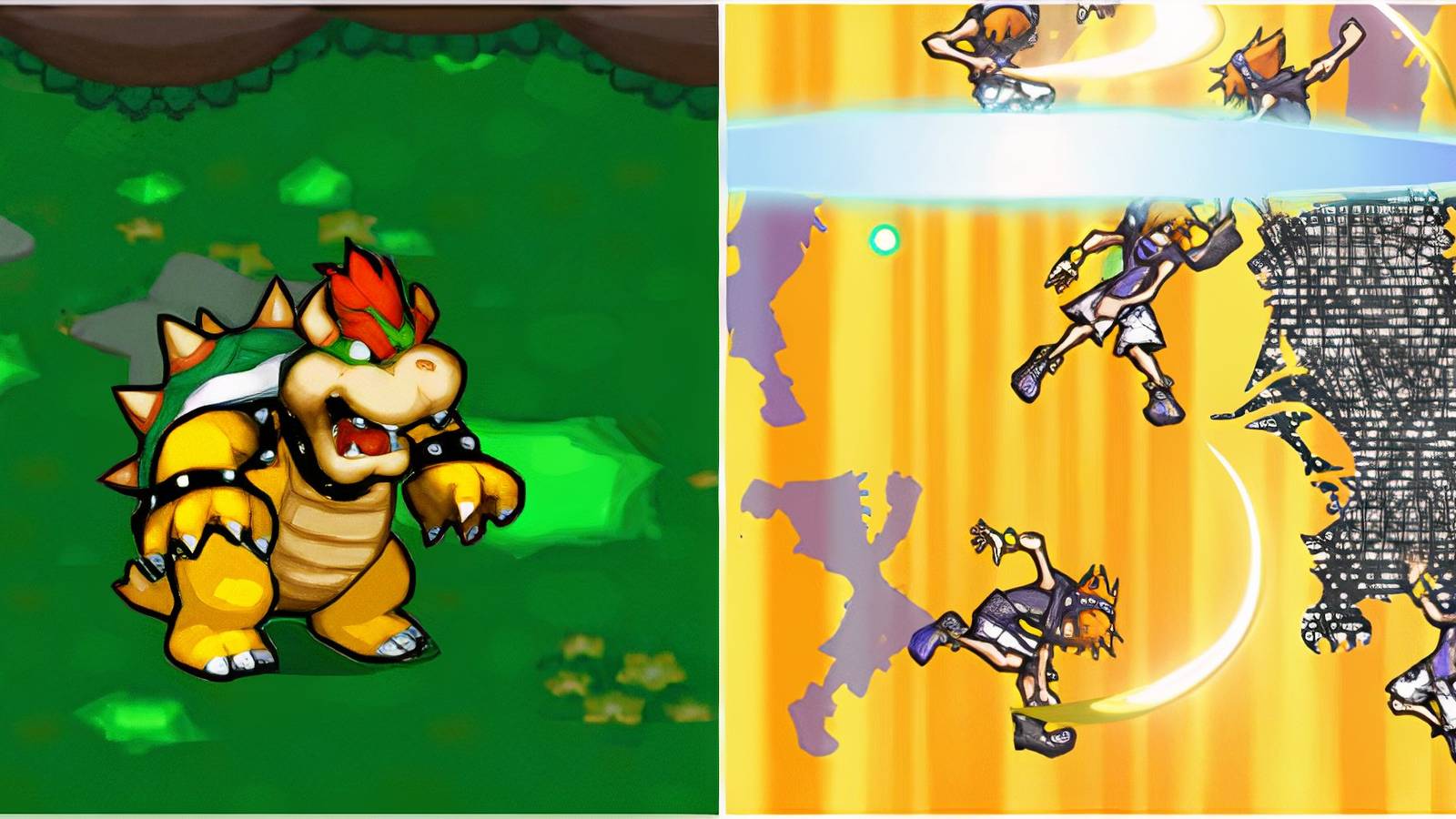 Bowser in Mario & Luigi Bowser’s Inside Story and Fighting a boss in The World Ends With You