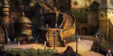 Seth running down the stairs in a stone village