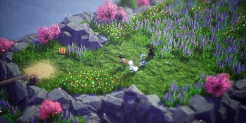 Seth and his party running toward a treasure chest on a cliffside 