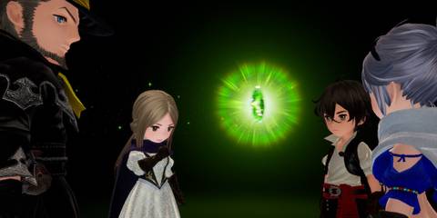 Seth, Gloria, Adelle, and Elvis gathered around a glowing green crystal