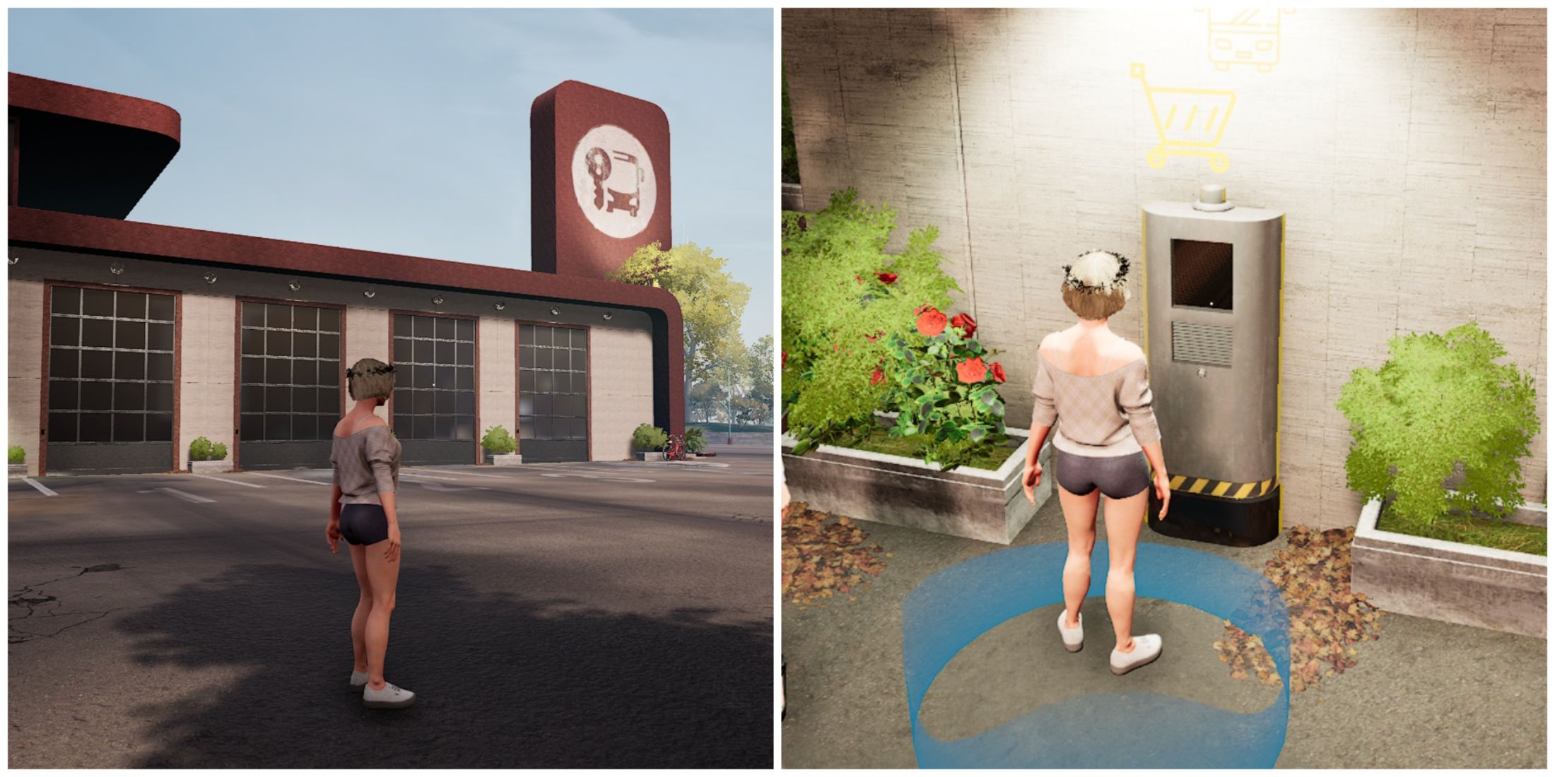 Split image of the front of the dealership and the area where buses can be purchased in Bus Simulator 21