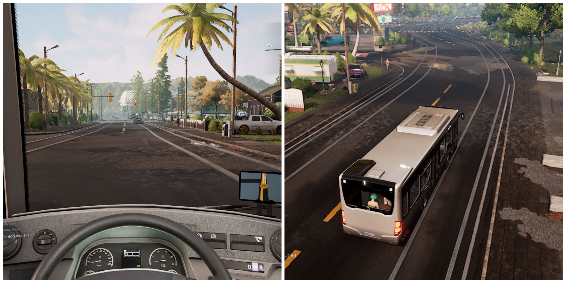 Split image of first person perspective and third person perspective in Bus Simulator 21