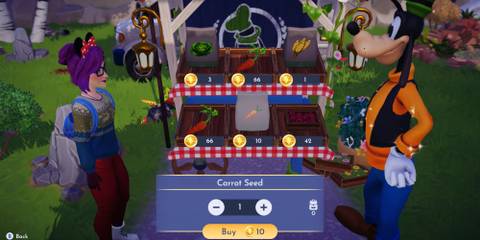 Buying carrot seeds from Goofy's Stall in the Peaceful Meadow in Disney Dreamlight Valley
