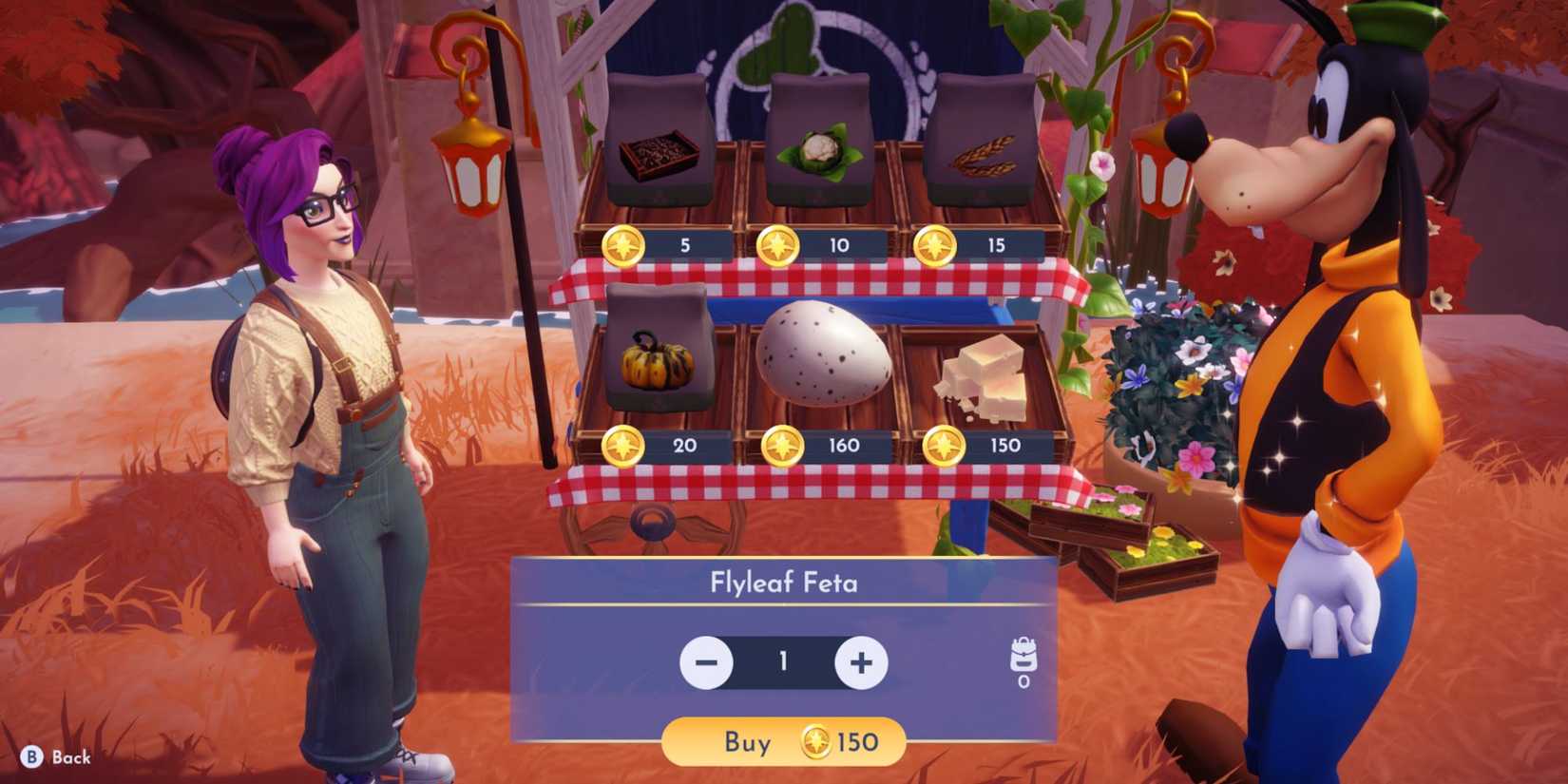 Buying Flyfleaf Feta from Goofy's Stall in Disney Dreamlight Valley