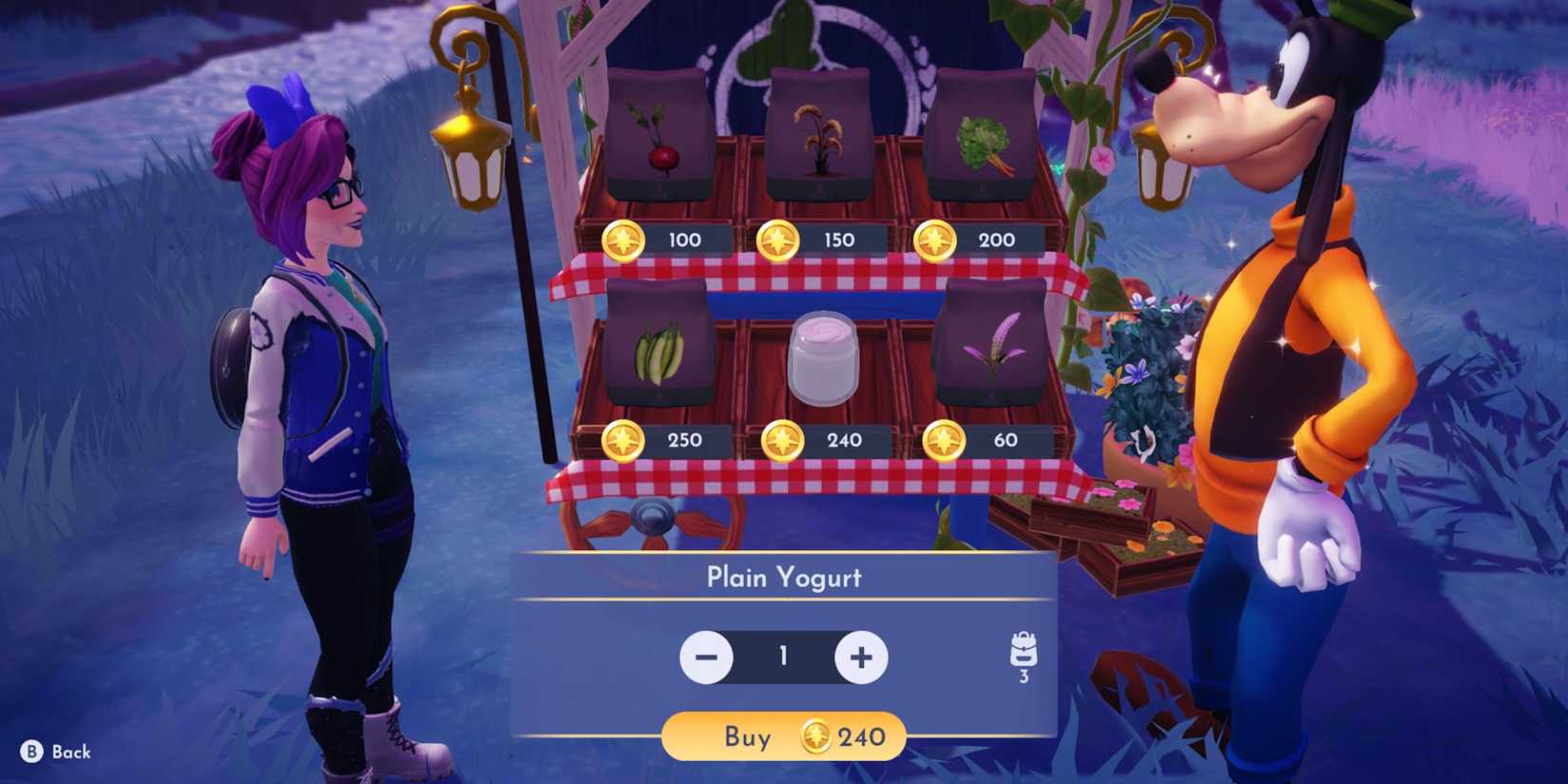 Buying Plain Yoghurt from Goofy's Stall in Everafter in Disney Dreamlight Valley