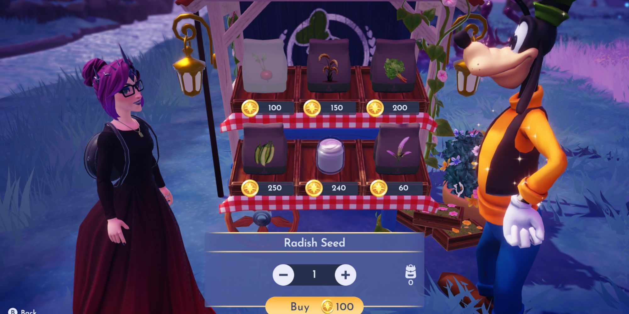 Buying Radish Seeds from Goofy's Stall in Disney Dreamlight Valley