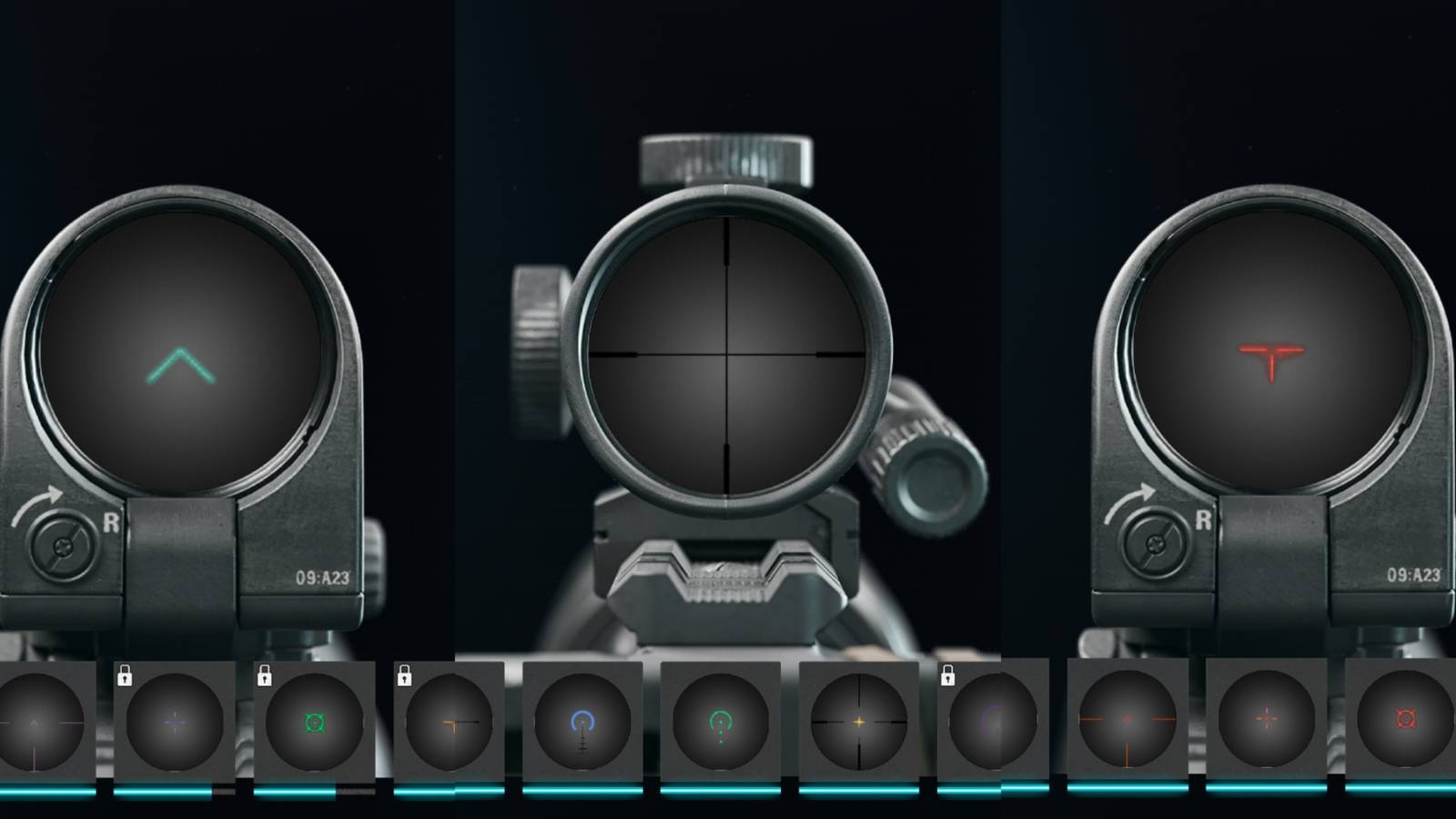 Three reticles from Call of Duty: Black Ops 6 side-by-side