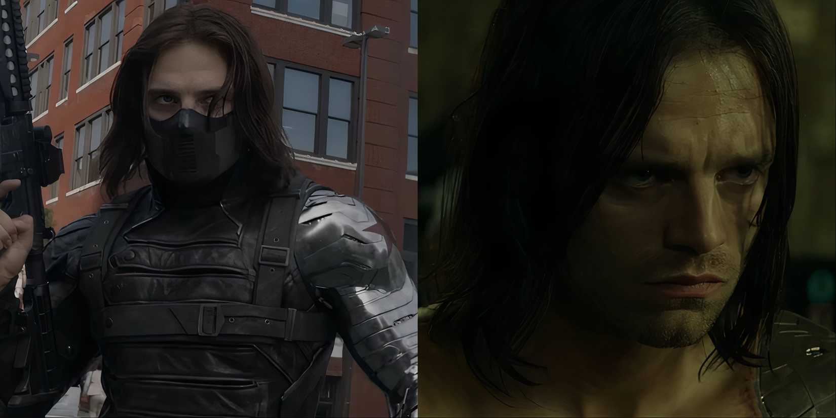 Split image of Bucky Barnes and The Winter Soldier in Captain America The Winter Soldier