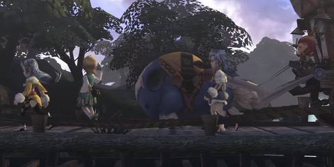 a group of characters crossing a bridge