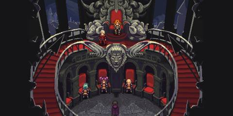 A room with red staircases on either side and a throne at the top housing council members 