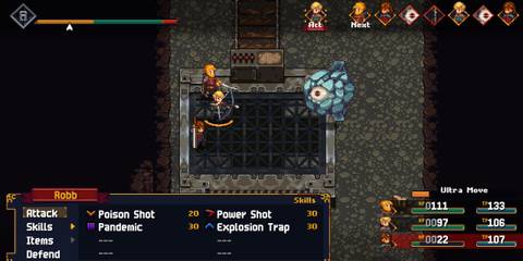 Robb getting ready to fire an attack at a boulder enemy with one eye