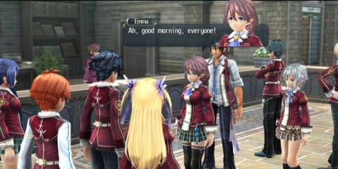 Classmates greet each other in a heartwarming scene from Trails of Cold Steel, highlighting school life
