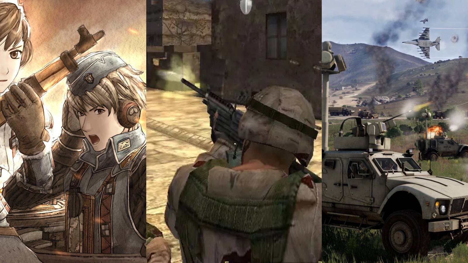 Valkyria Chronicles (left), Full Spectrum Warrior (middle), Arma 3 (right)