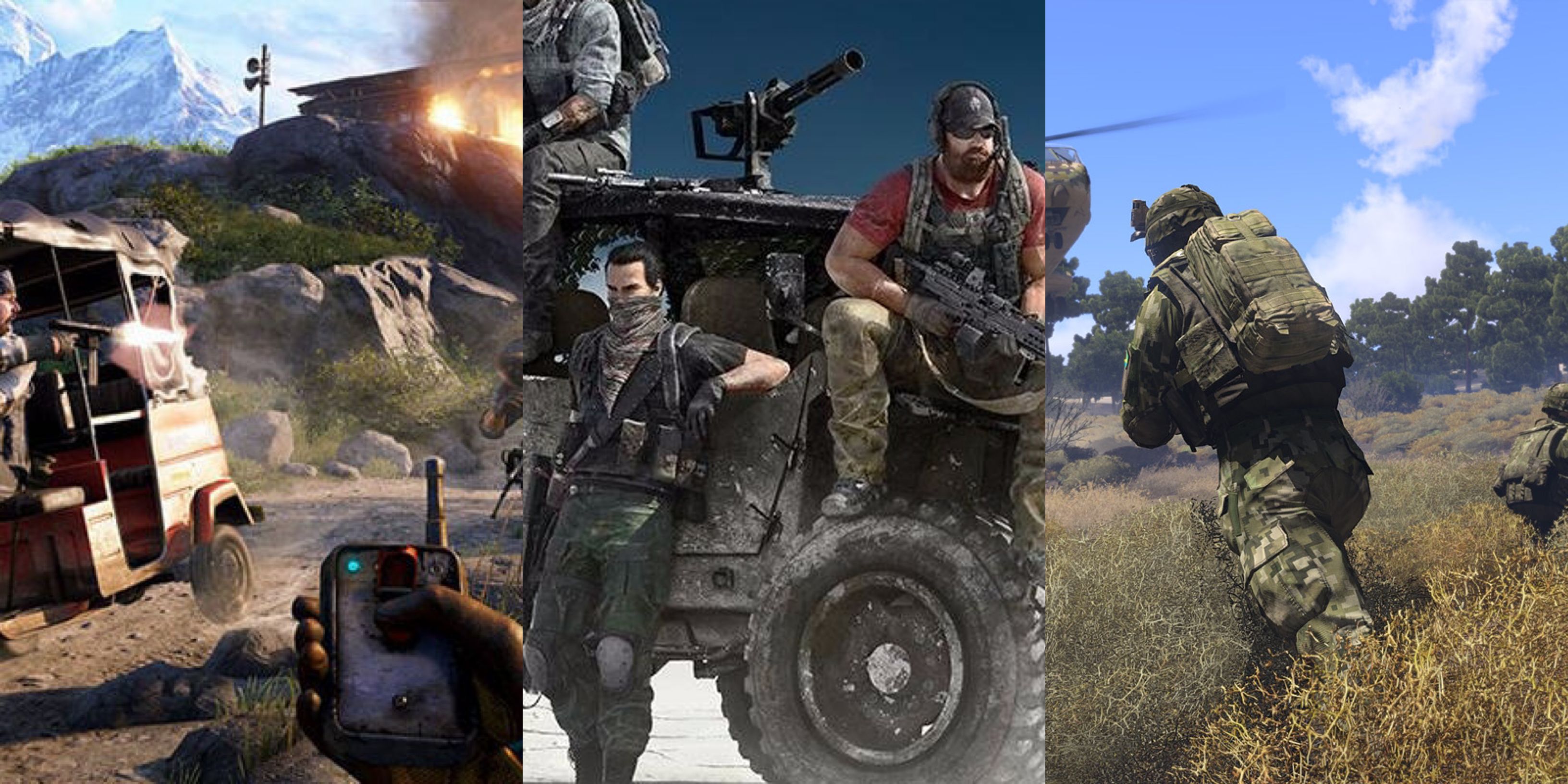 Far Cry 4 (left), Tom Clancy's Ghost Recon: Wildlands (middle), and Arma 3 (right)