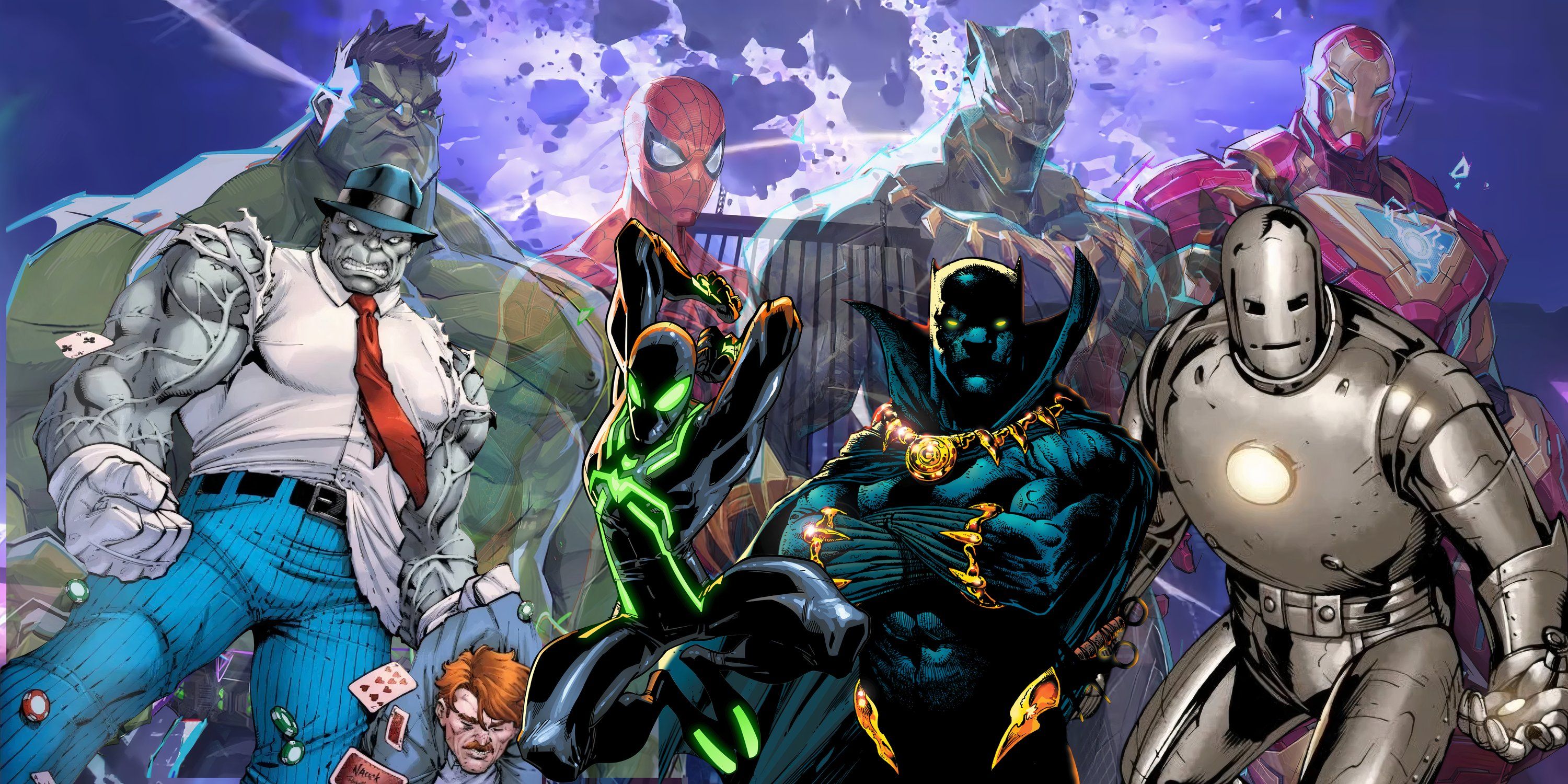 Collage of Hulk, Spider-Man, Black Panther, and Iron Man from comics and Marvel Rivals