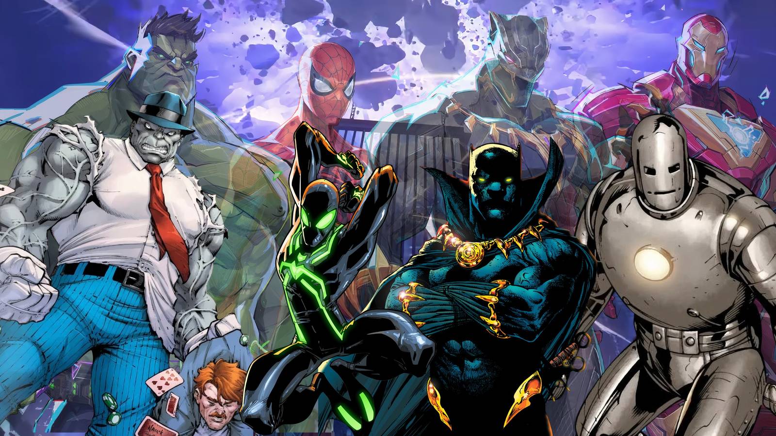 Collage of Hulk, Spider-Man, Black Panther, and Iron Man from comics and Marvel Rivals