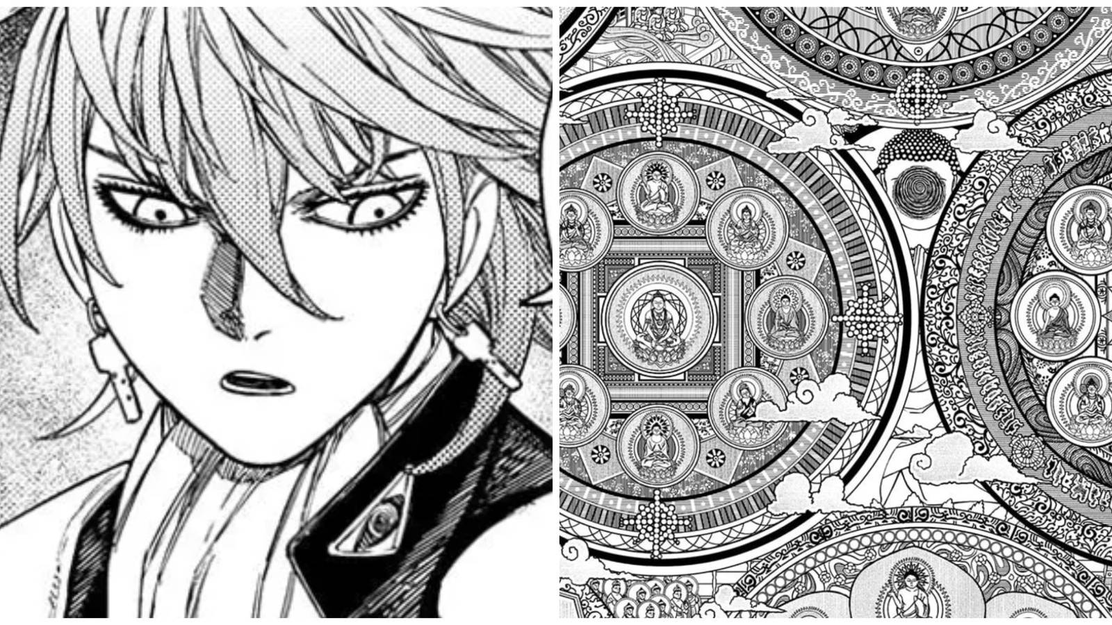 Split image of Count Saint Germain and the Womb Realm Mandala in Dandadan