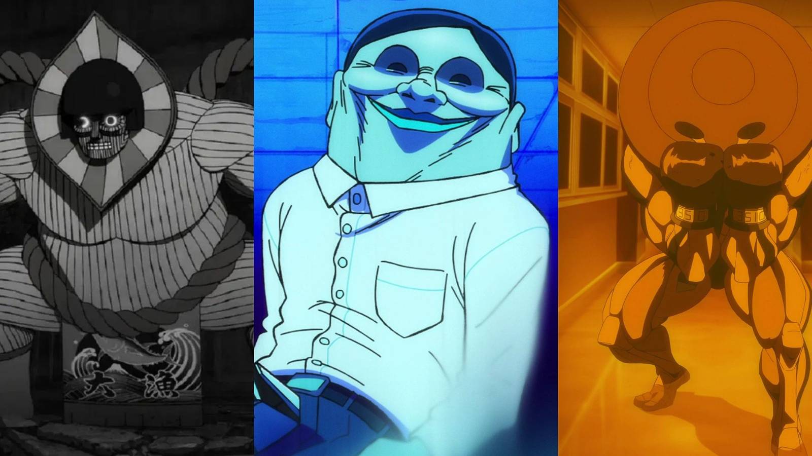 A collage of 3 Dandadan aliens with real-life inspirations: The Flatwoods Monster, the Serpo Aliens and the Dover Demon.