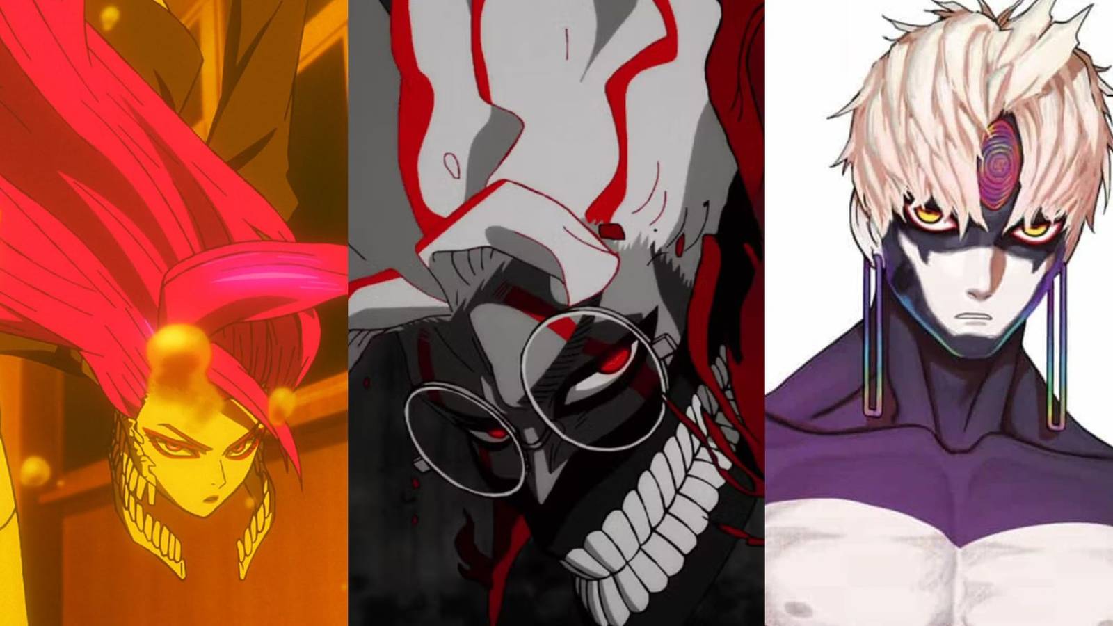 A collage of 3 Dandadan characters who can wield spiritual abilities: Aira in her Acrobatic Silky, Okarun in his Turbo Granny form and Jiji in his Evil Eye form.