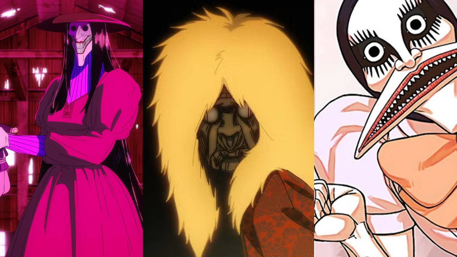 A collage of 3 powerful spirits in Dandadan who have real-life inspirations: Acrobatic Silky, Turbo Granny and Reiko Kashima.