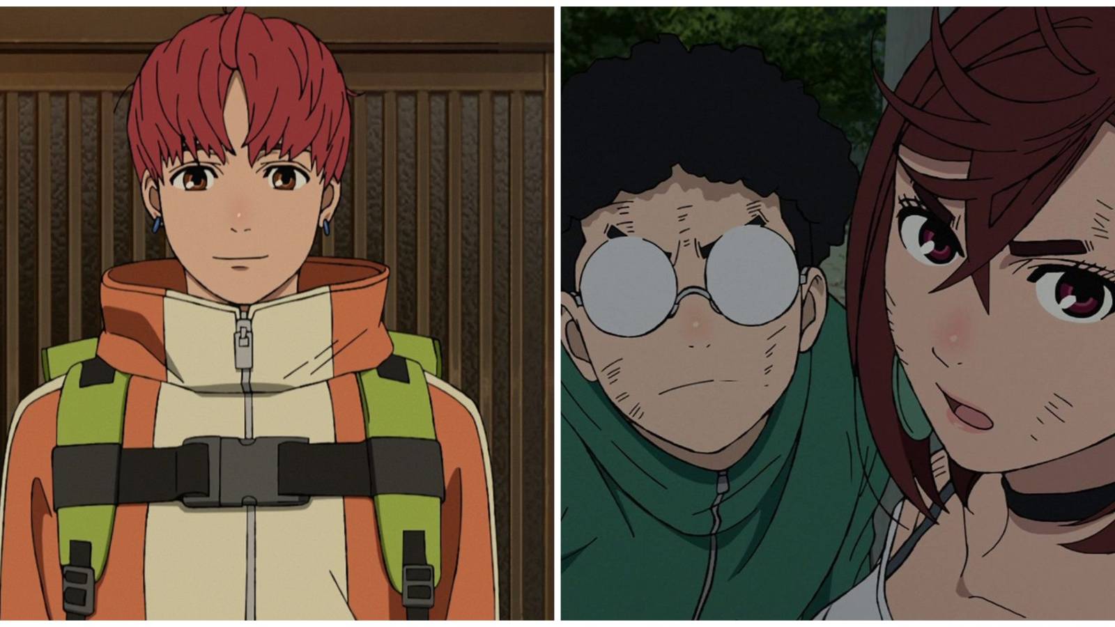 Split image of Jiji and Okarun and Momo in Dandadan