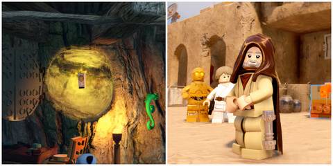 Split image of a datacard and Obi-Wan in Lego Star Wars The Skywalker Saga