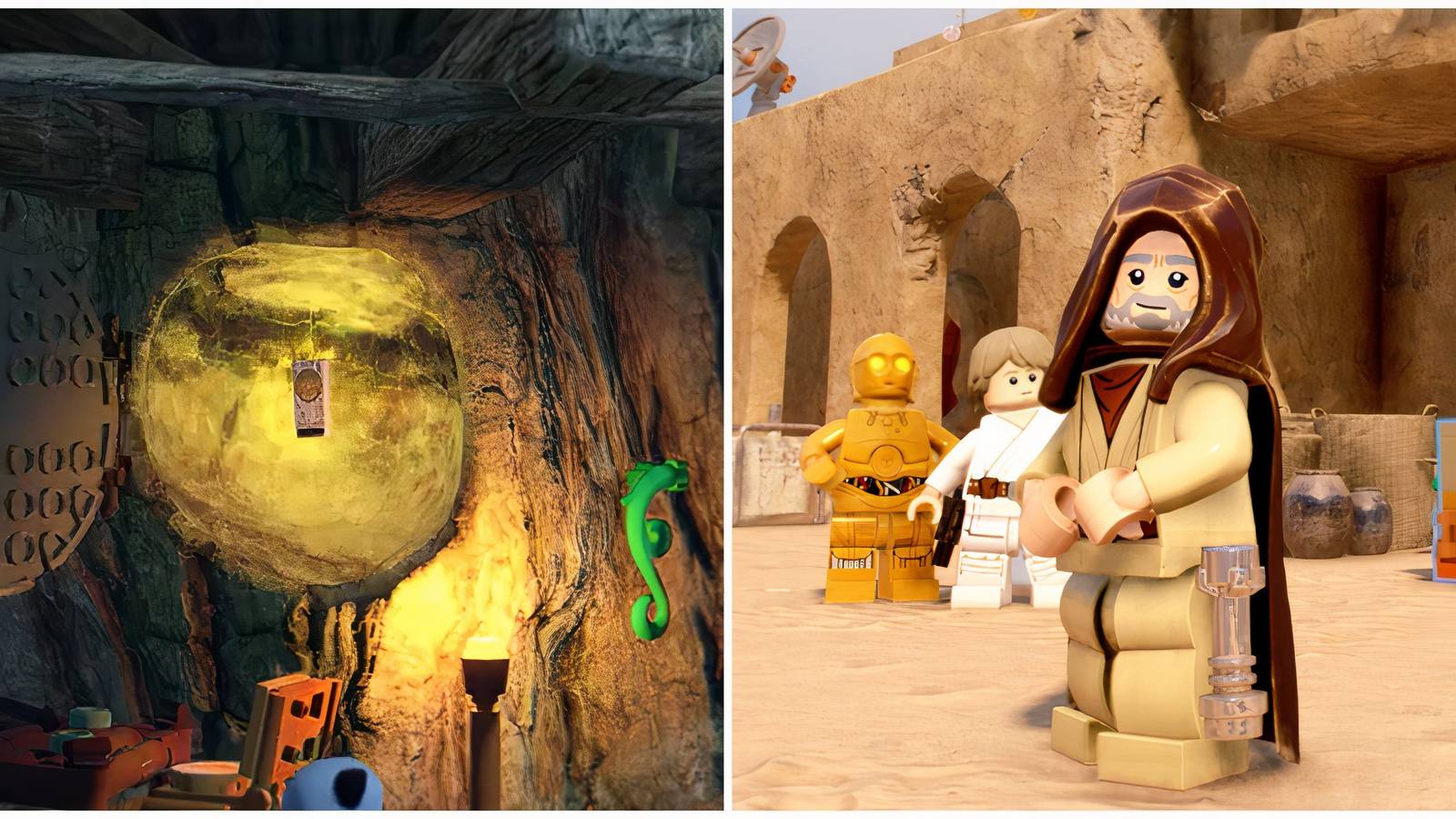 Split image of a datacard and Obi-Wan in Lego Star Wars The Skywalker Saga