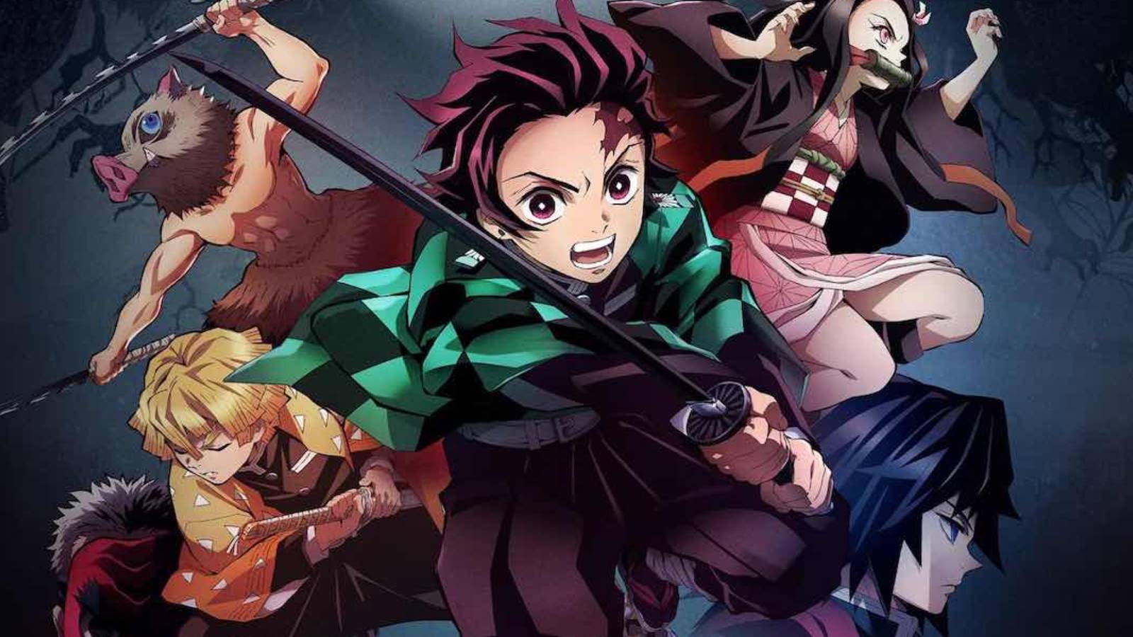 Tanjiro, Nezuko, Zenitsu, Inosuke, and Giyo preparing their attacks