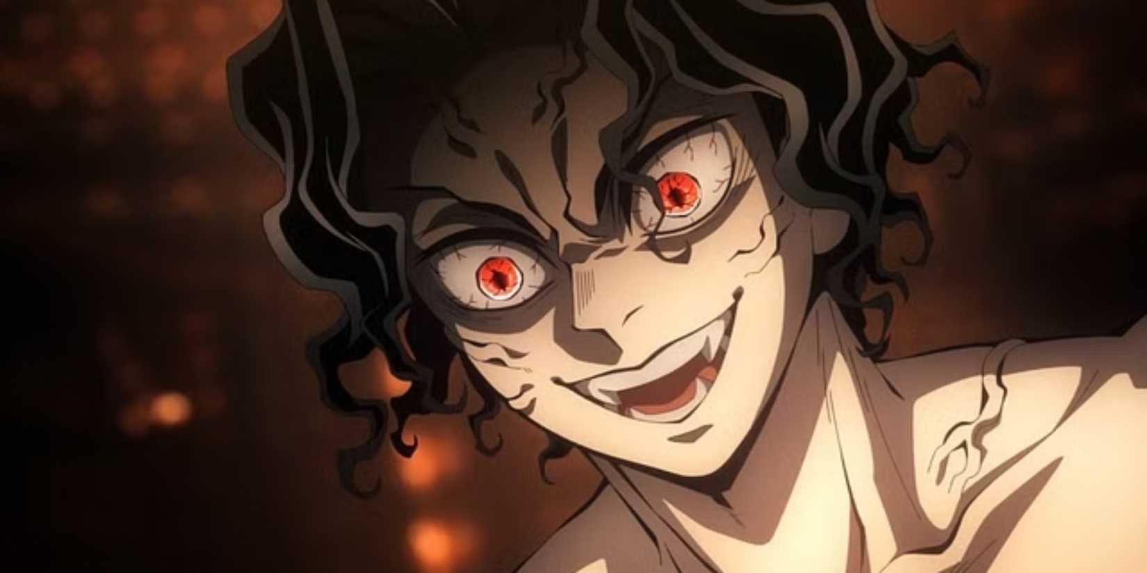 Muzan grinning with disheveled hair and red glowing eyes