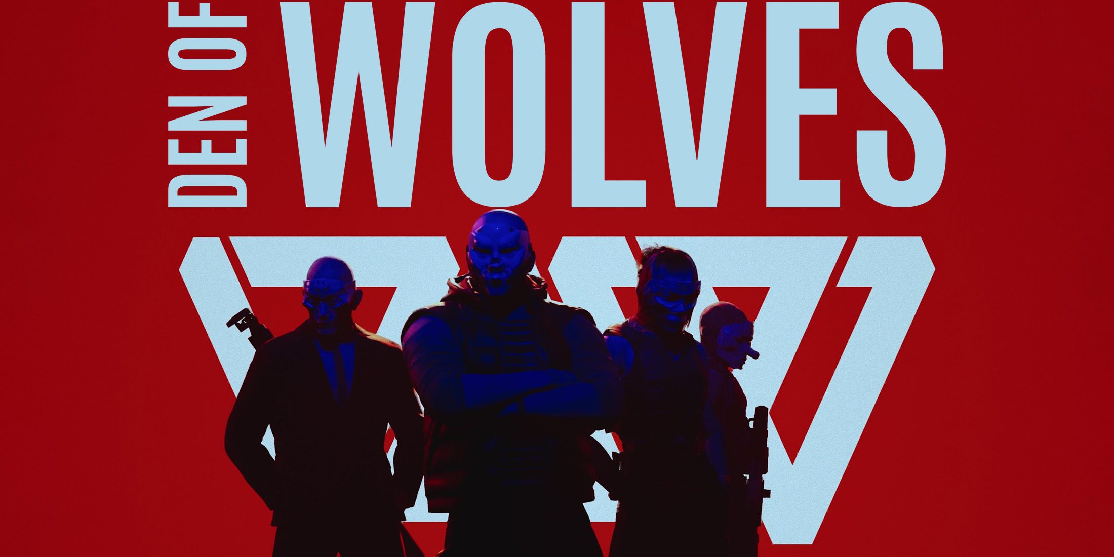 Den of Wolves logo grayish sky blue on dark red background with four characters 2x1 composite