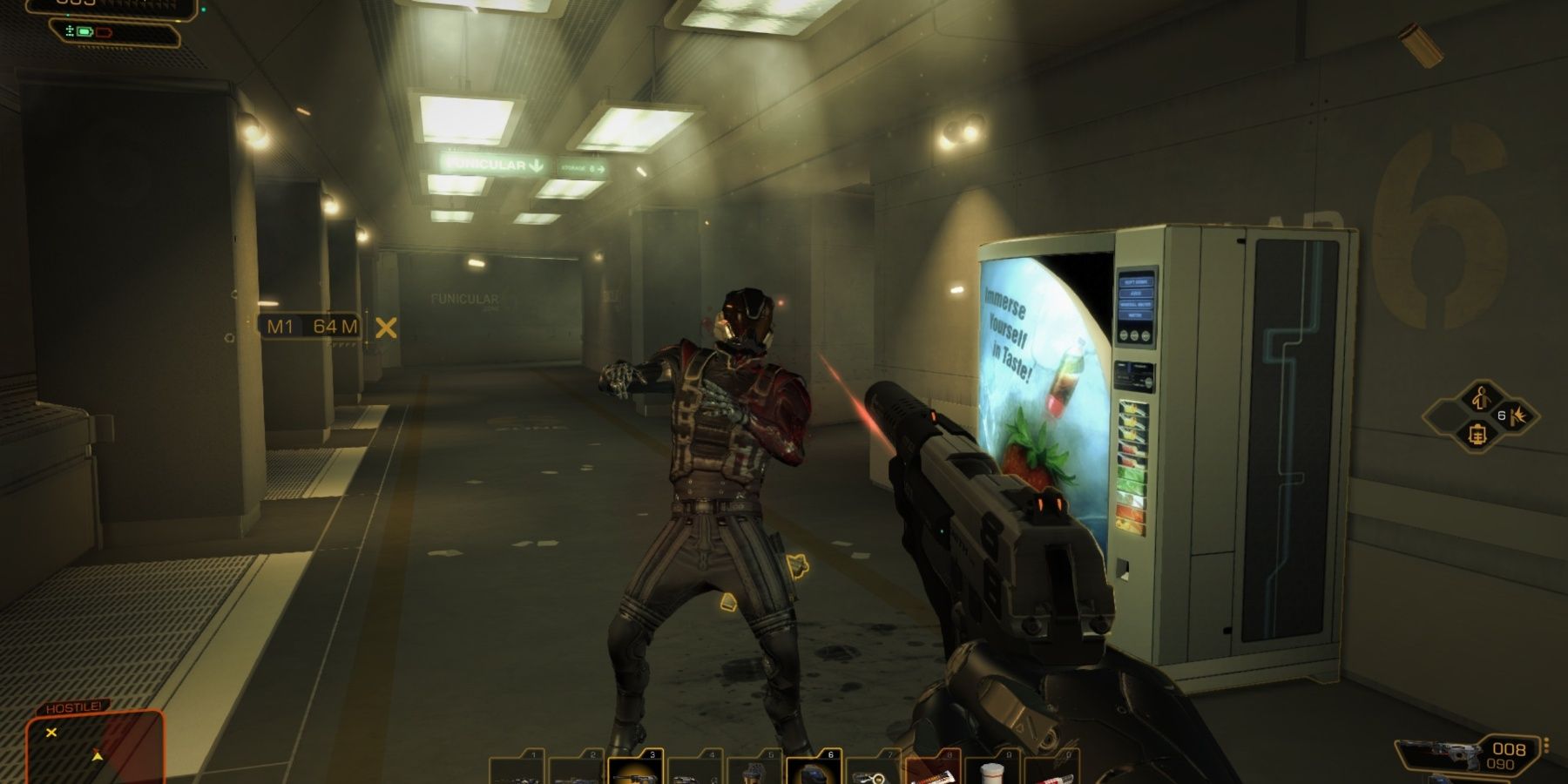 Deus Ex Human Revolution player fighting an enemy in a hallway