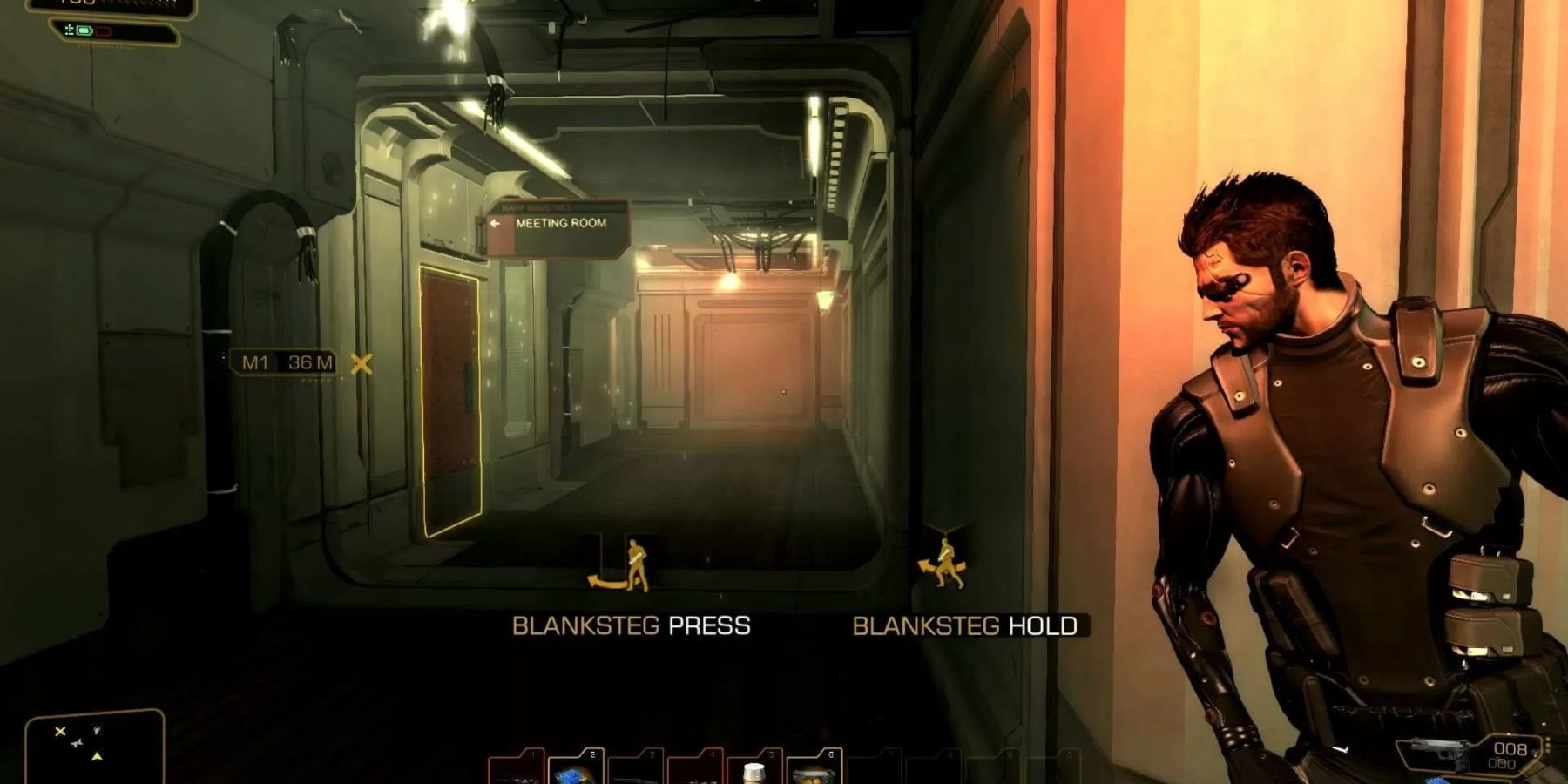 Deus Ex Human Revolution player hiding behind a wall