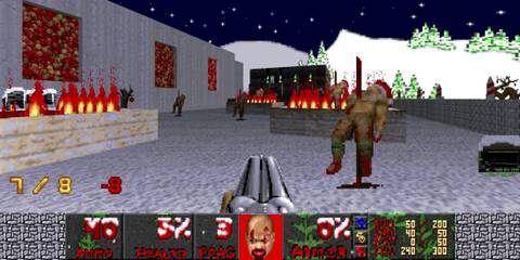 Enemies with Santa hats on and snow in Doom 2
