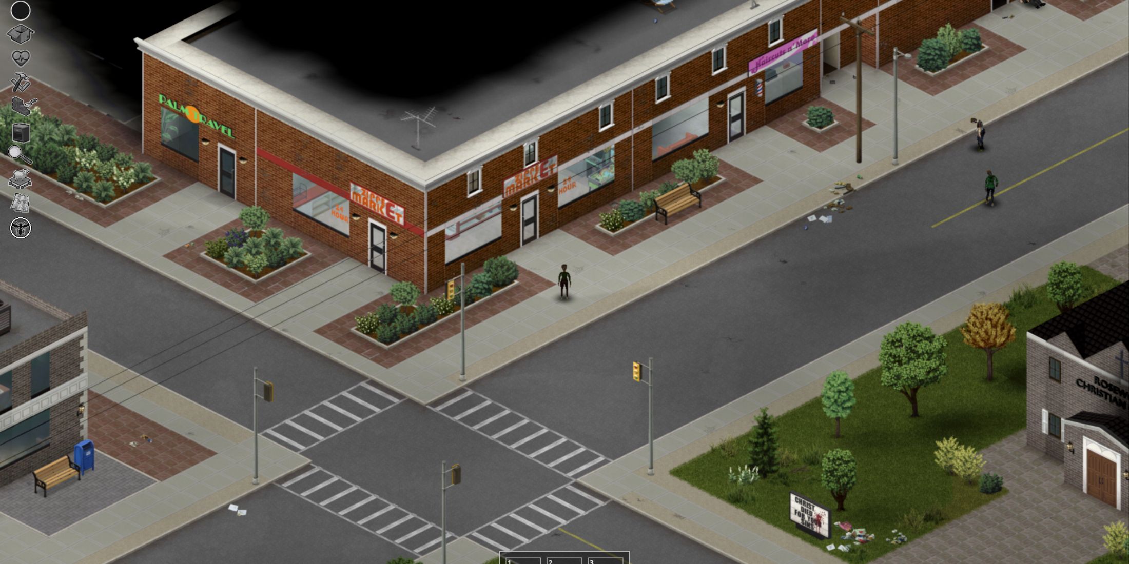 Downtown Rosewood street with a market, travel agency, and zombies, Project Zomboid