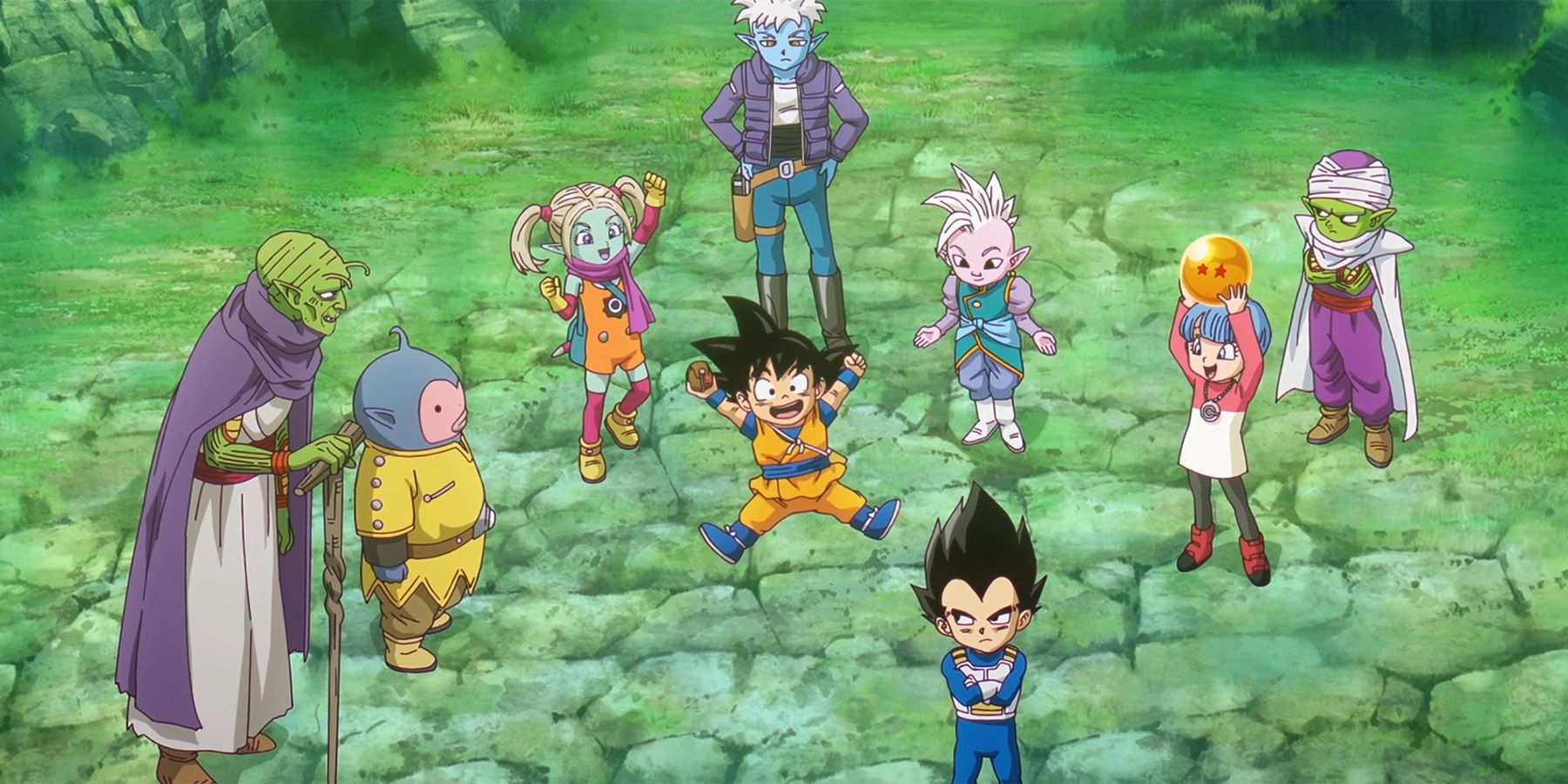 Dragon Ball DAIMA Episode 12 group with Bulma holding the Two-Star Demon Realm Dragon Ball