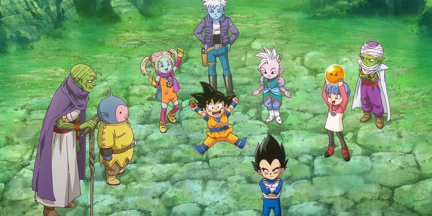 Dragon Ball DAIMA Episode 12 group with Bulma holding the Two-Star Demon Realm Dragon Ball