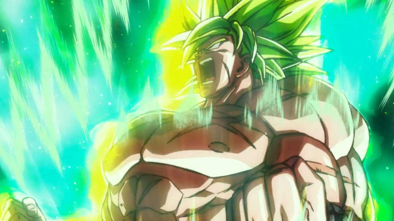 Escena de batalla épica entre Broly, Goku y Vegeta en Dragon Ball Super: Broly