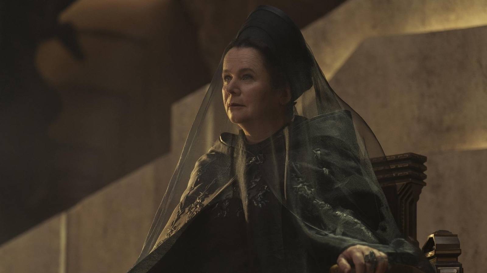 Valya Harkonnen (Emily Watson) sits on the Imperial throne in Dune: Prophecy