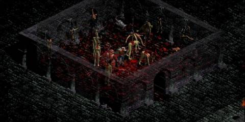 Dungeon room filled with corpses and The Butcher demon in Diablo