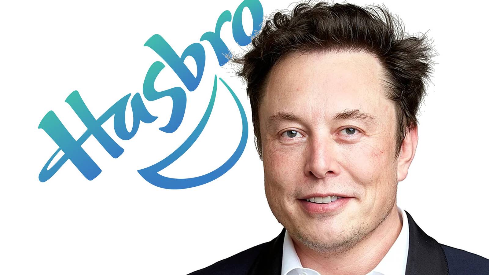 Elon Musk portrait next to tilted Hasbro logo on white background