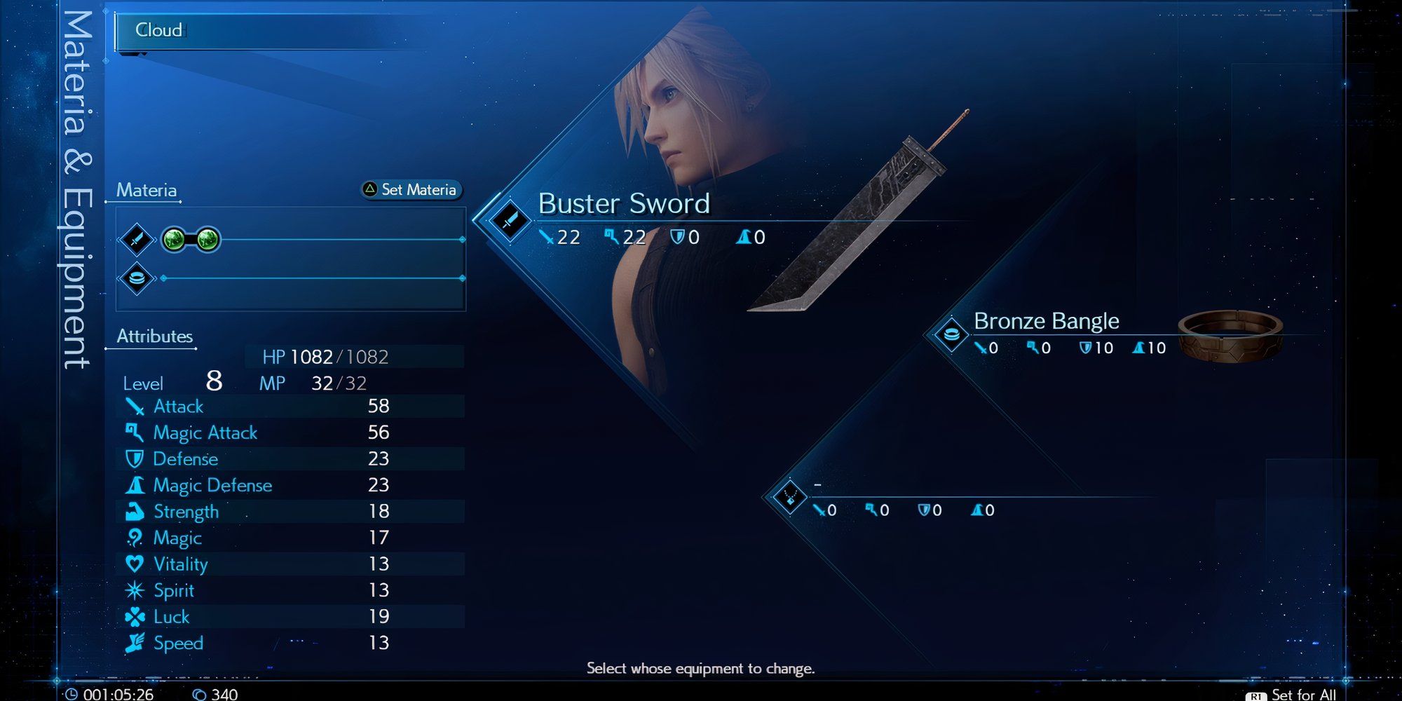 Equipment menu in Final Fantasy 7 Remake