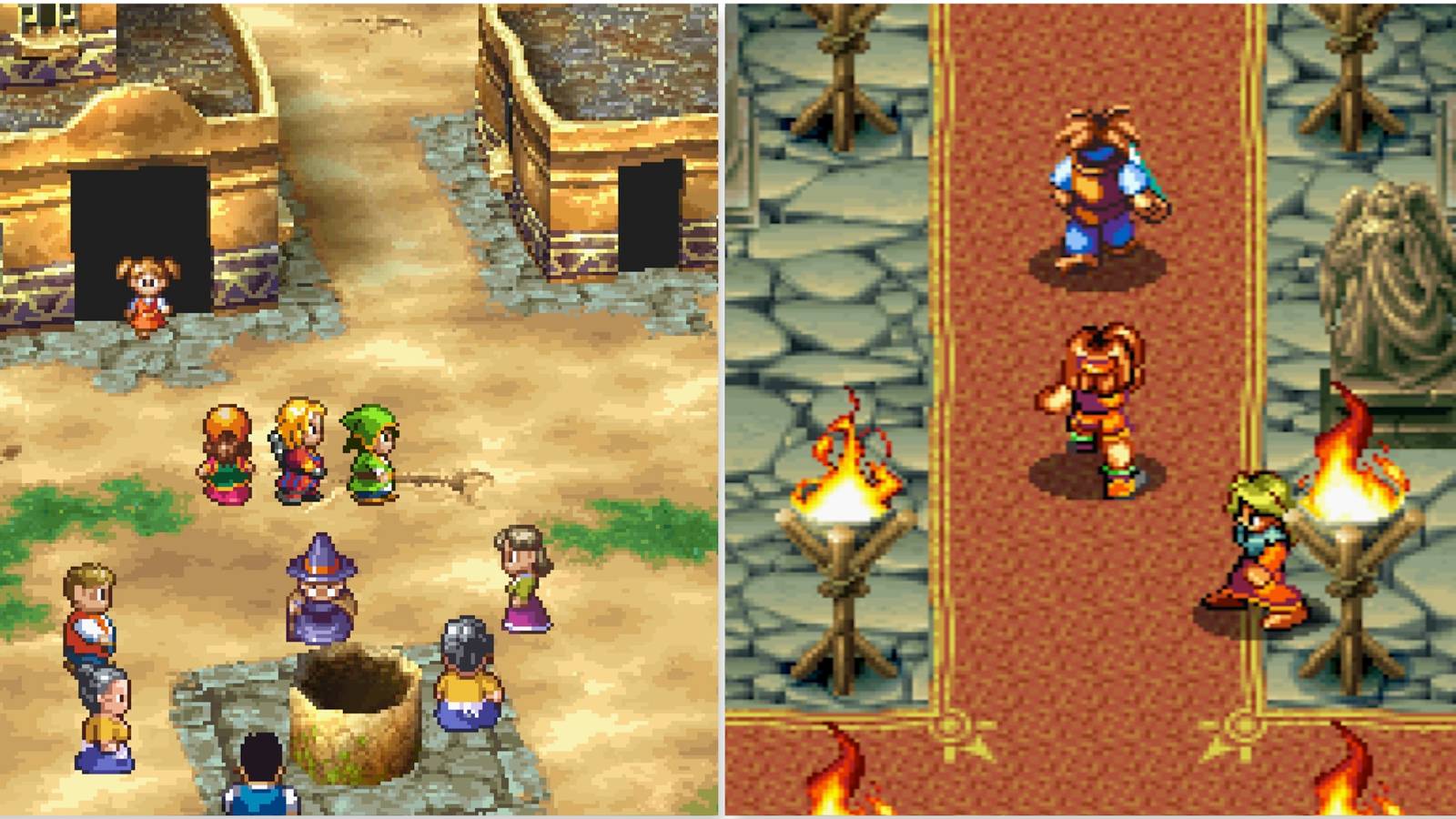 Exploring a town in Dragon Quest 7 and Exploring a town in Brave Prove