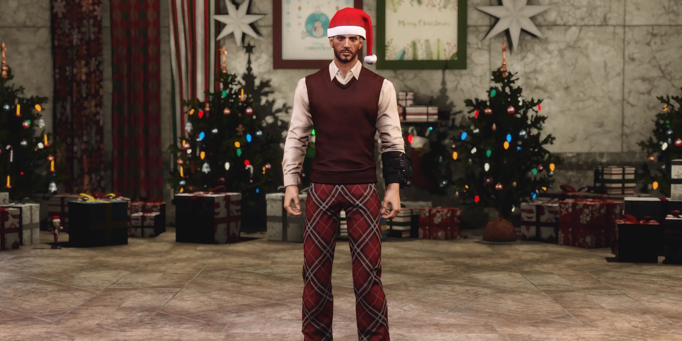 A Fallout character in Christmas pajamas, a burgundy sweater, and a Santa hat