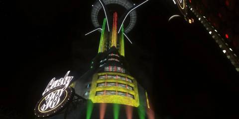 New Vegas casino decorated in red and green lights