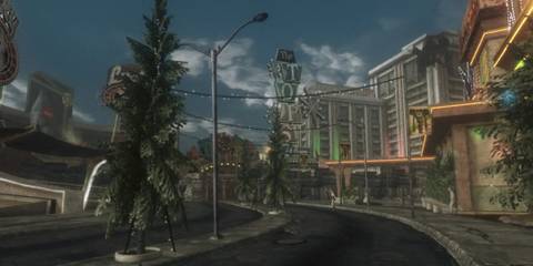 New Vegas decorated with strings of Christmas lights and Christmas trees